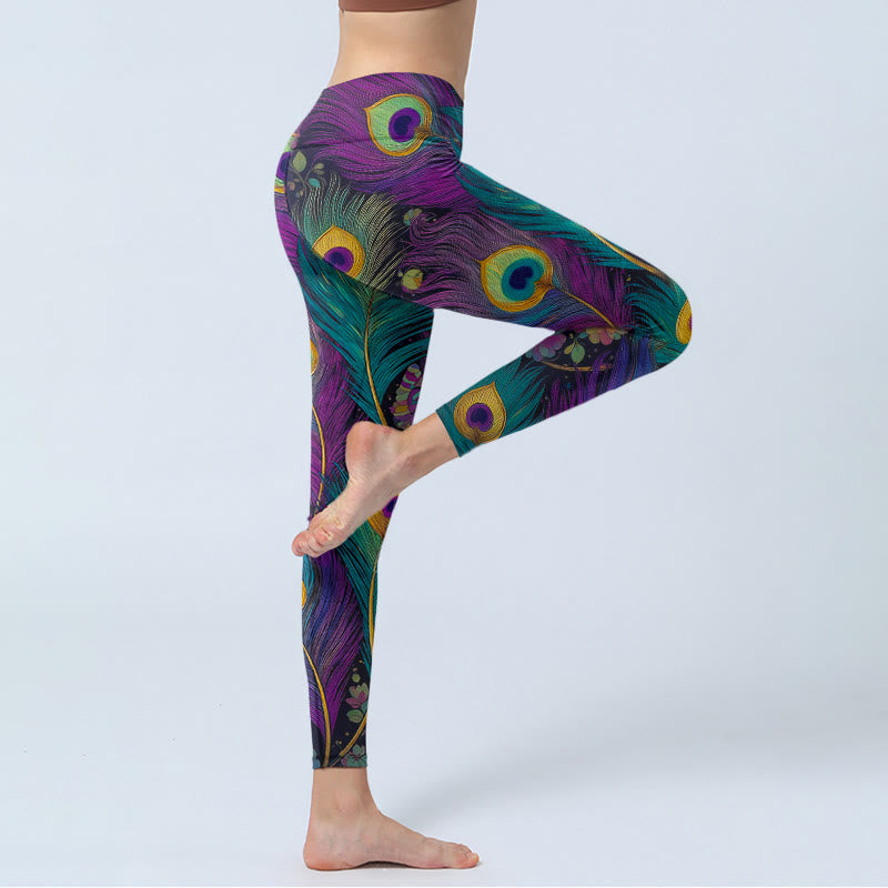 Nimara Ritual Gorgeous Peacock Feather Flower Pattern Print Gym Leggings Women's Yoga Pants