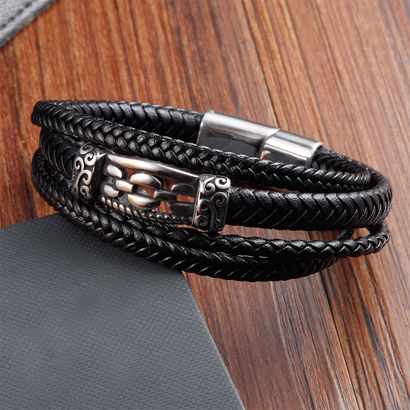 Nimara Ritual Chain Link Design Titanium Steel Multi-layer Leather Balance Braided Bracelet