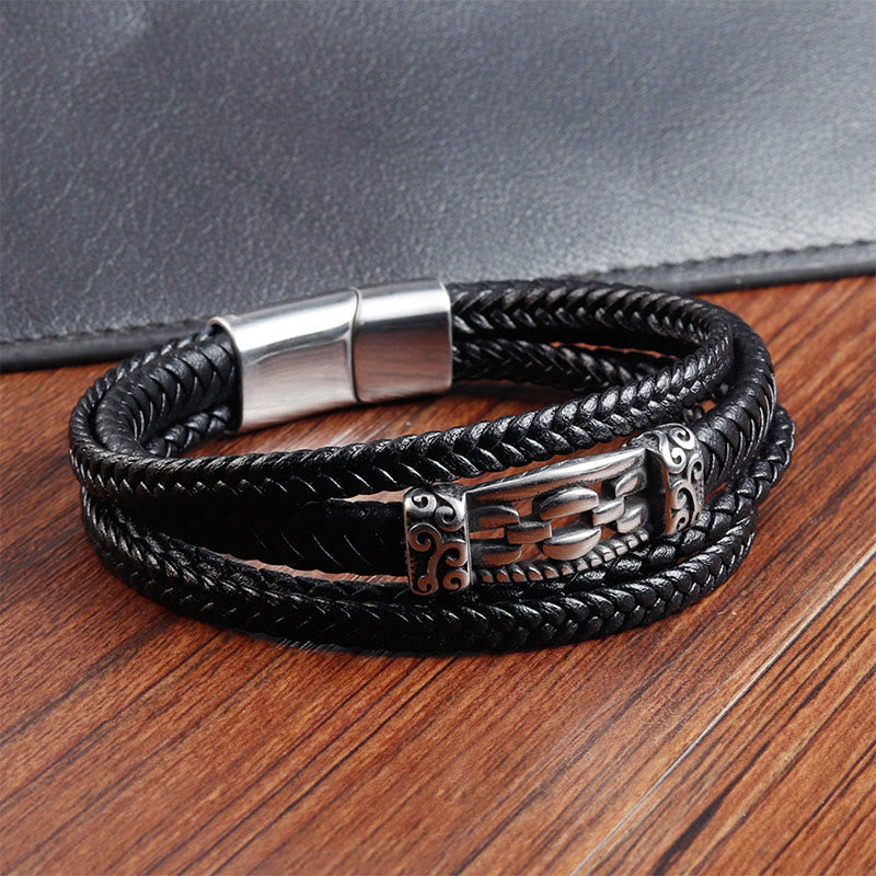 Nimara Ritual Chain Link Design Titanium Steel Multi-layer Leather Balance Braided Bracelet
