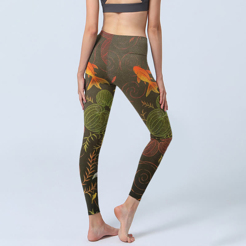Nimara Ritual Colorful Koi Fish Water Ripples Plant Pattern Print Gym Leggings Women's Yoga Pants