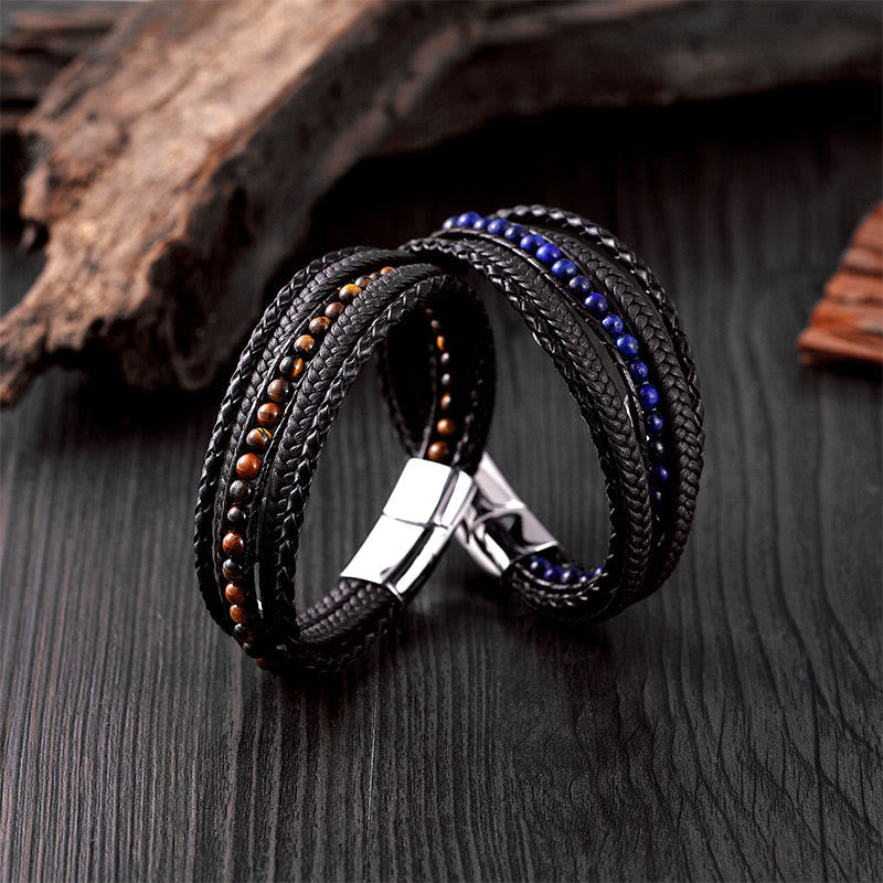 Nimara Ritual Hematite Indian Agate Tiger Eye Amazonite Beaded Leather Strengthen Bracelet