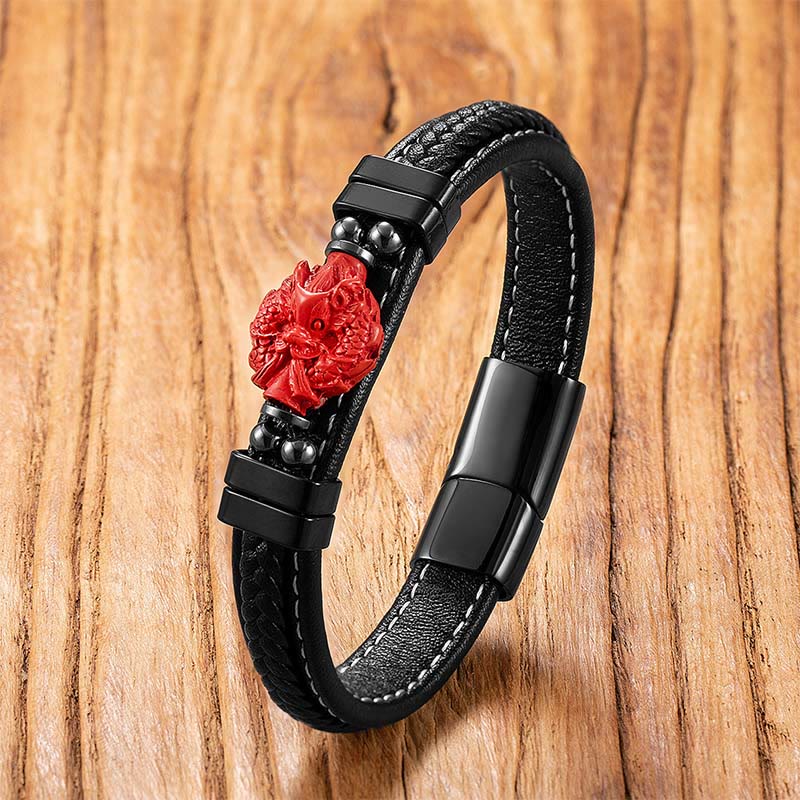 Nimara Ritual Cinnabar Buddha Symbol Koi Fish Dragon Fu Character Pi Xiu Design Leather Blessing Bracelet