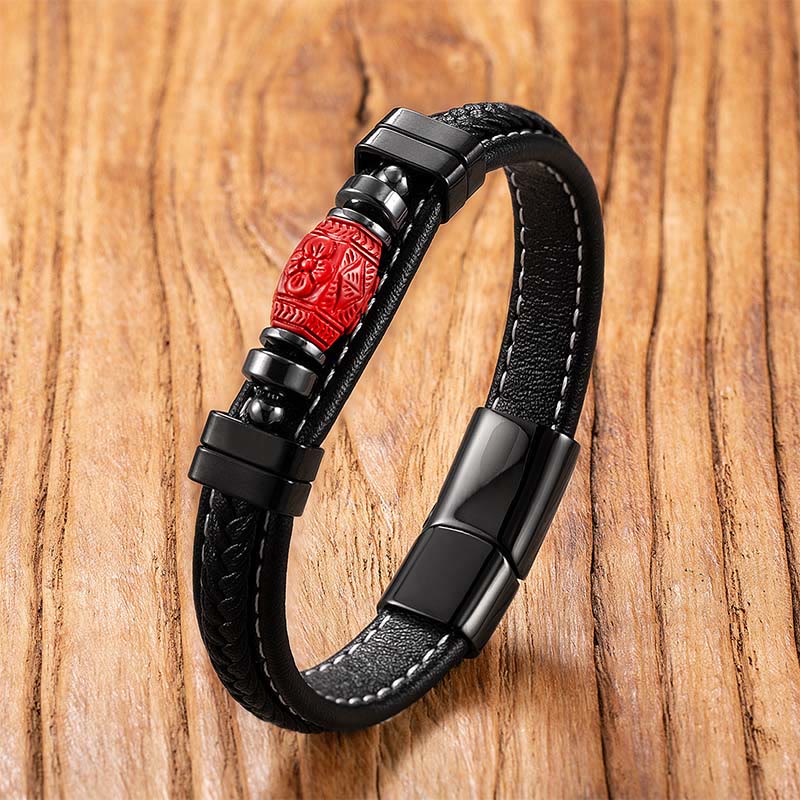 Nimara Ritual Cinnabar Buddha Symbol Koi Fish Dragon Fu Character Pi Xiu Design Leather Blessing Bracelet