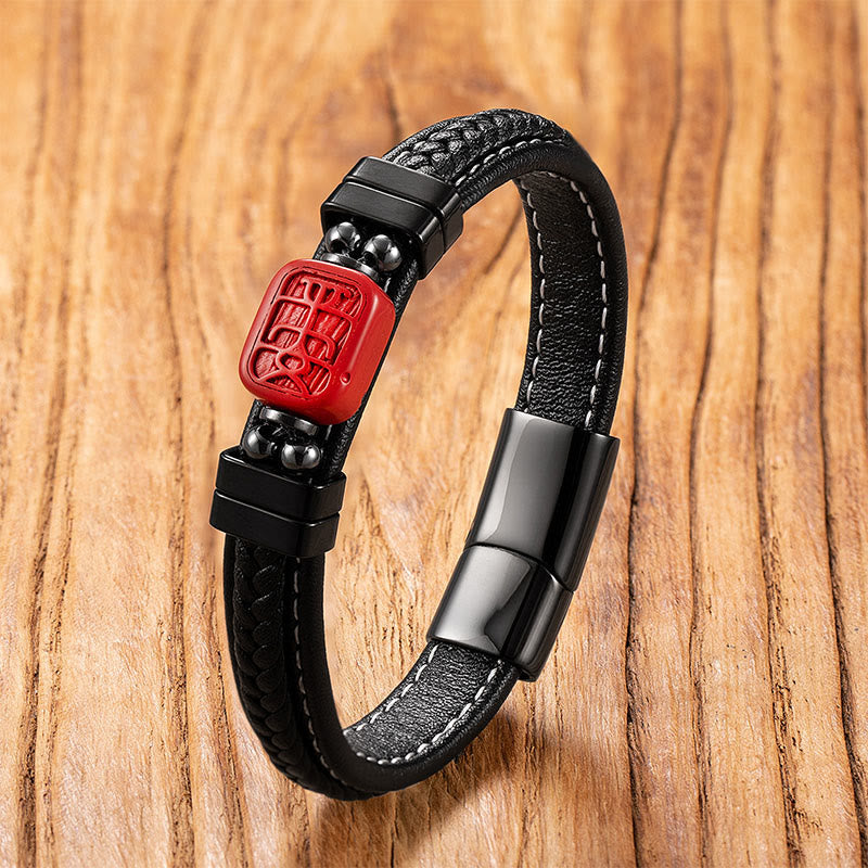 Nimara Ritual Cinnabar Buddha Symbol Koi Fish Dragon Fu Character Pi Xiu Design Leather Blessing Bracelet