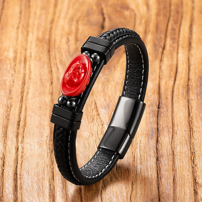 Nimara Ritual Cinnabar Buddha Symbol Koi Fish Dragon Fu Character Pi Xiu Design Leather Blessing Bracelet