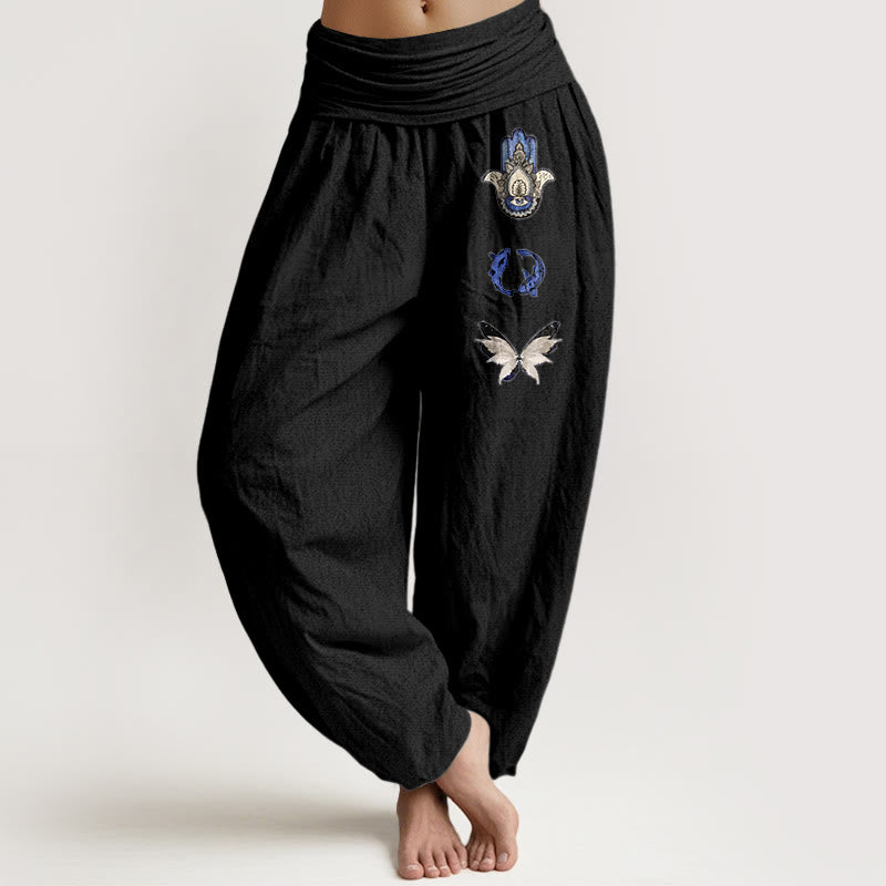 Nimara Ritual Pure Cotton Hamsa's Hand Koi Fish Butterfly Pattern Women's Elastic Waist Harem Pants