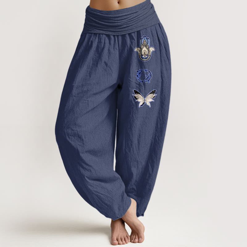 Nimara Ritual Pure Cotton Hamsa's Hand Koi Fish Butterfly Pattern Women's Elastic Waist Harem Pants