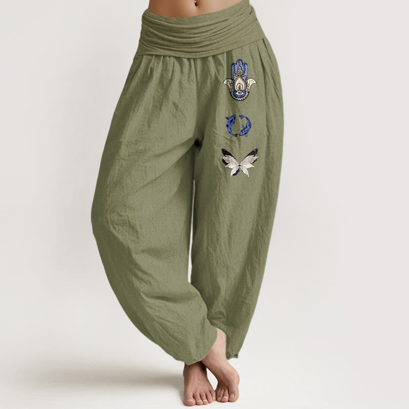 Nimara Ritual Pure Cotton Hamsa's Hand Koi Fish Butterfly Pattern Women's Elastic Waist Harem Pants
