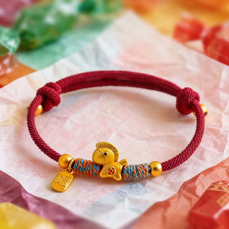 Nimara Ritual 999 Sterling Silver Year Of The Horse Fu Character Charm Colorful String Rope Luck Bracelet