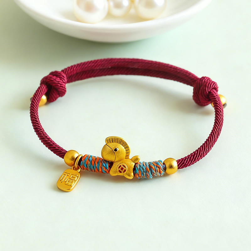 Nimara Ritual 999 Sterling Silver Year Of The Horse Fu Character Charm Colorful String Rope Luck Bracelet