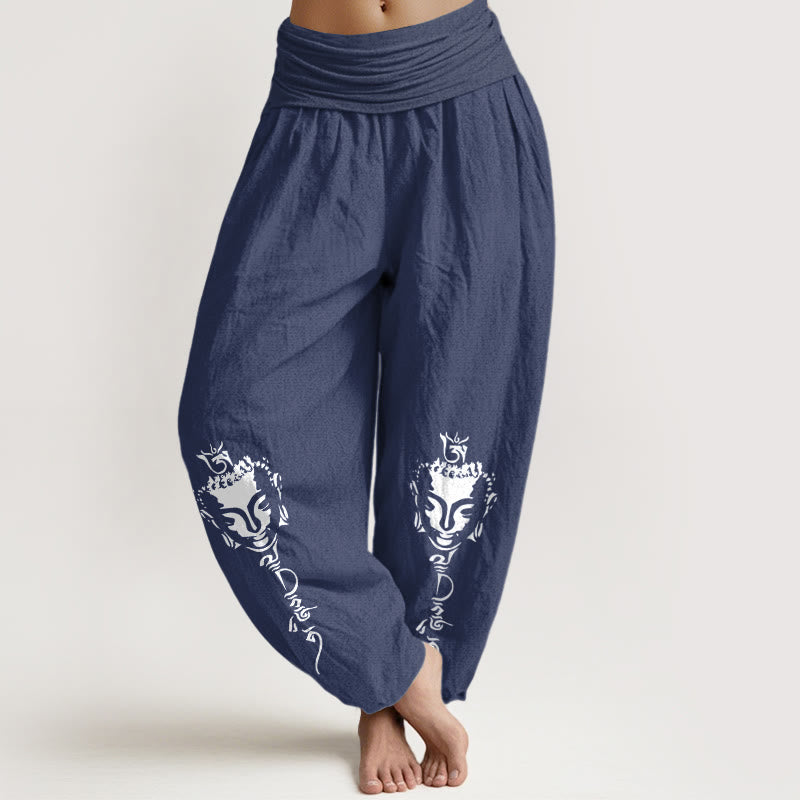 Nimara Ritual Pure Cotton Concise Om Symbol Buddha Pattern Women's Elastic Waist Harem Pants