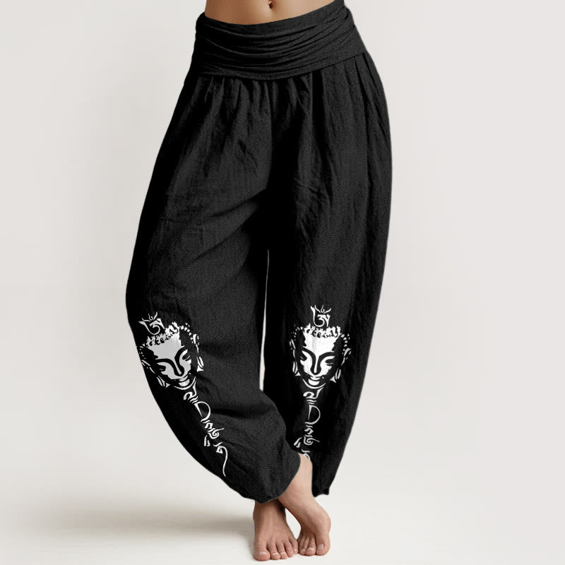 Nimara Ritual Pure Cotton Concise Om Symbol Buddha Pattern Women's Elastic Waist Harem Pants