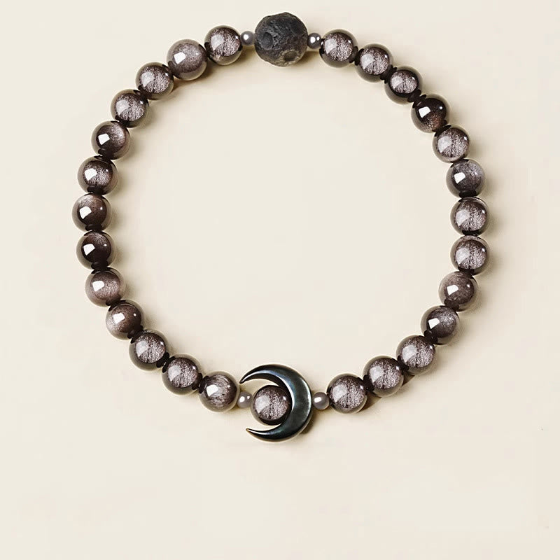 Nimara Ritual Moon Design Natural Silver Sheen Obsidian Protection Beaded Bracelet