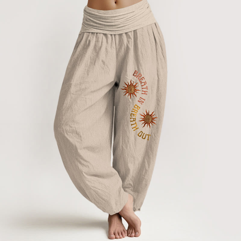 Nimara Ritual Pure Cotton Warm Tones Sun English Phrases Pattern Women's Elastic Waist Harem Pants