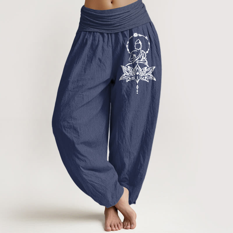 Nimara Ritual Pure Cotton Concise Lotus Buddha Pattern Women's Elastic Waist Harem Pants