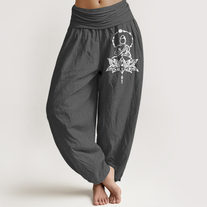 Nimara Ritual Pure Cotton Concise Lotus Buddha Pattern Women's Elastic Waist Harem Pants