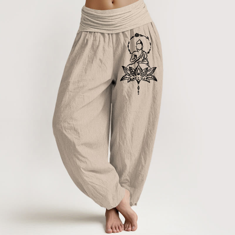 Nimara Ritual Pure Cotton Concise Lotus Buddha Pattern Women's Elastic Waist Harem Pants