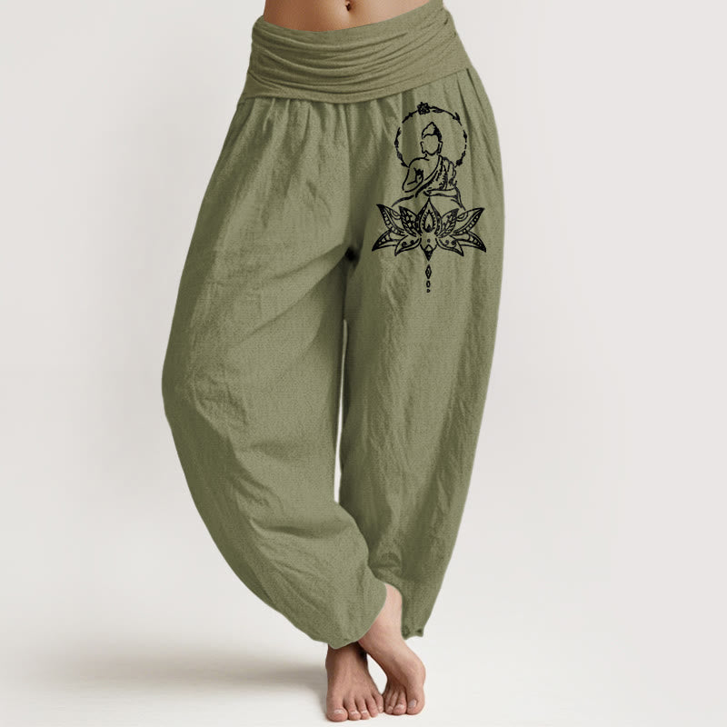 Nimara Ritual Pure Cotton Concise Lotus Buddha Pattern Women's Elastic Waist Harem Pants