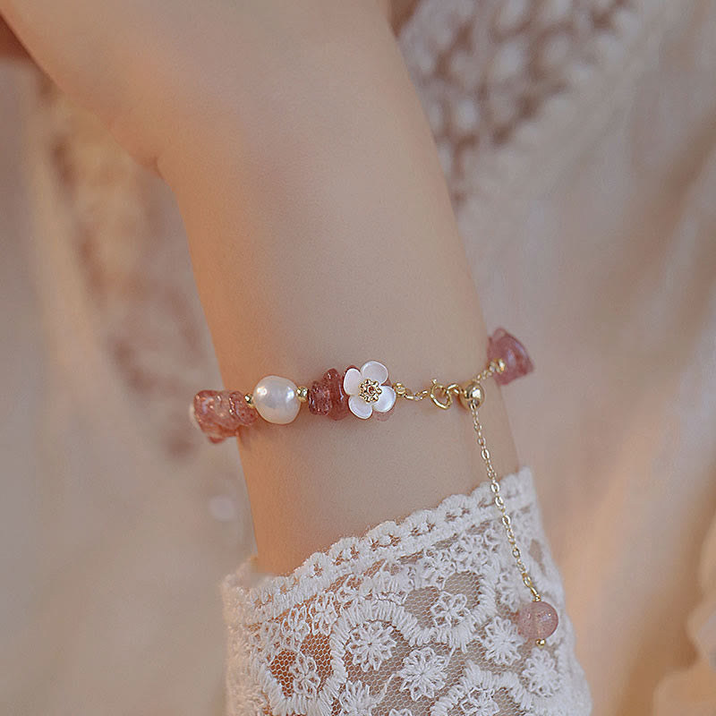 Nimara Ritual White Flower Pearl Natural Irregular Strawberry Quartz Healing Chain Bracelet