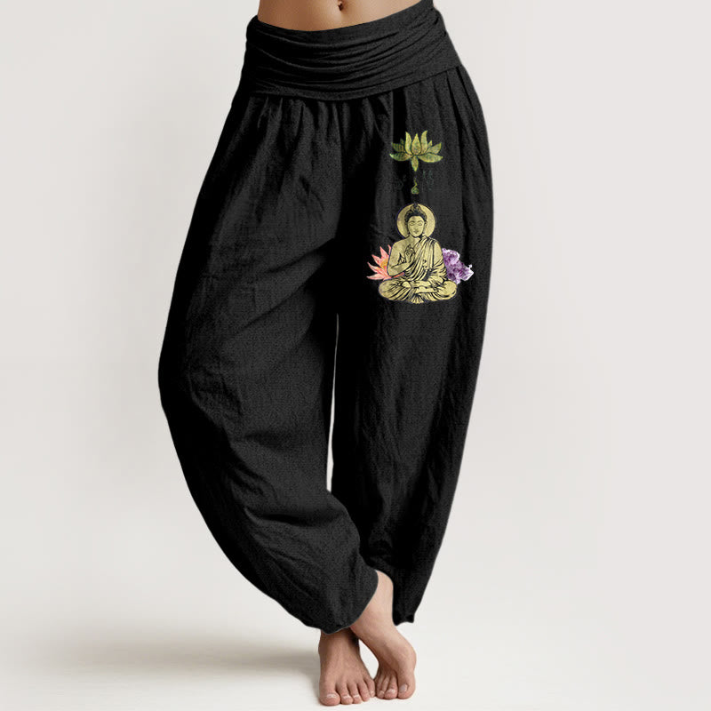 Nimara Ritual Pure Cotton Traditional Lotus Buddha Pattern Women's Elastic Waist Harem Pants
