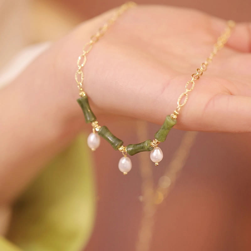 Nimara Ritual Tianshan Jade Bamboo Pearl Abundance Wealth Necklace Pendant