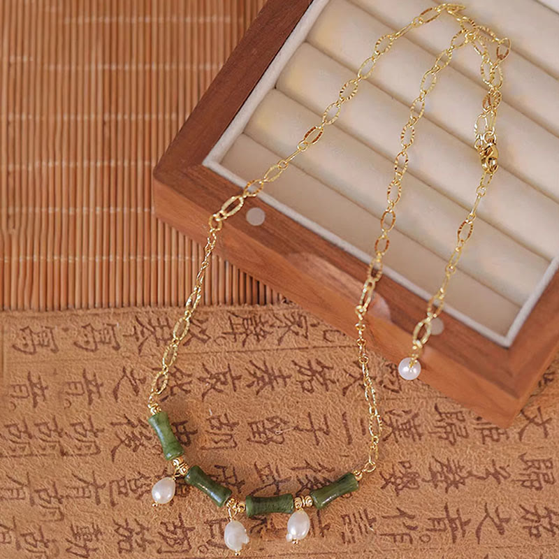 Nimara Ritual Tianshan Jade Bamboo Pearl Abundance Wealth Necklace Pendant