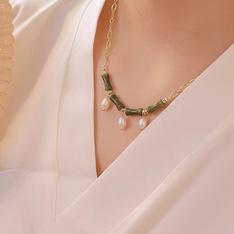 Nimara Ritual Tianshan Jade Bamboo Pearl Abundance Wealth Necklace Pendant