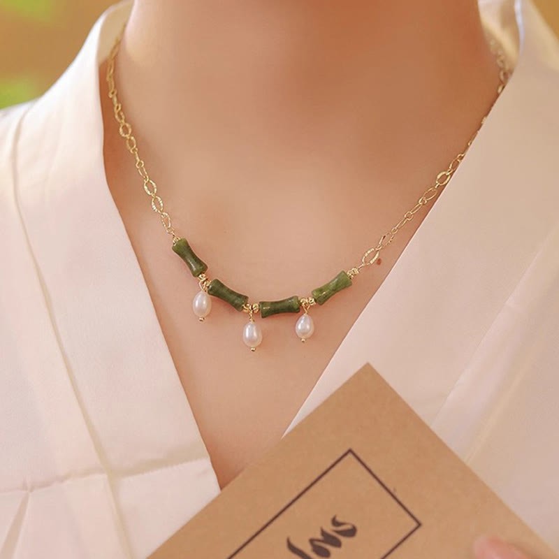 Nimara Ritual Tianshan Jade Bamboo Pearl Abundance Wealth Necklace Pendant