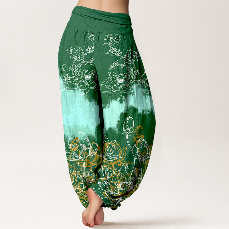 Nimara Ritual Cotton Colorful Lotus Pattern Women's Elastic Waist Harem Pants
