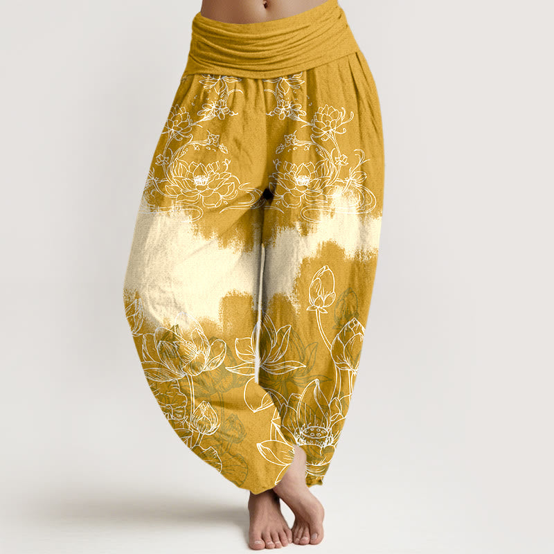 Nimara Ritual Cotton Colorful Lotus Pattern Women's Elastic Waist Harem Pants