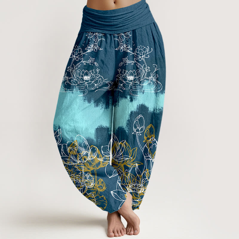 Nimara Ritual Cotton Colorful Lotus Pattern Women's Elastic Waist Harem Pants