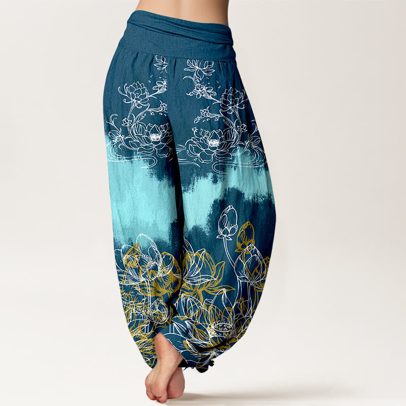 Nimara Ritual Cotton Colorful Lotus Pattern Women's Elastic Waist Harem Pants