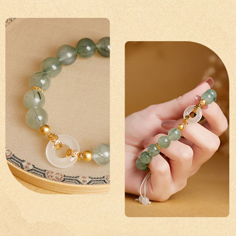 Nimara Ritual 925 Sterling Silver Green Rutilated Quartz White Chalcedony Peace Buckle Courage Bracelet