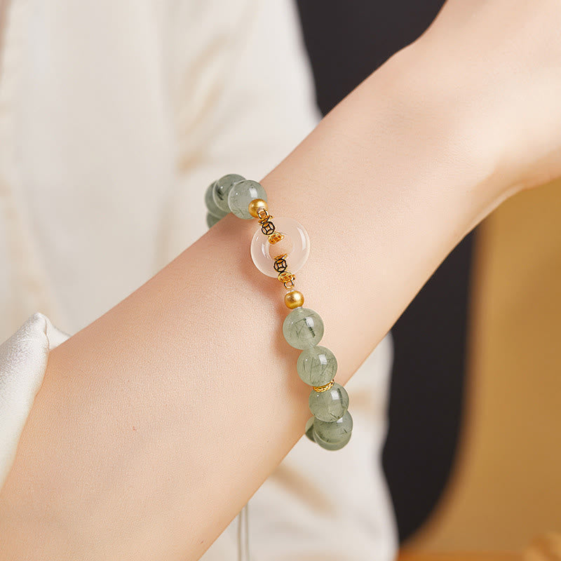 Nimara Ritual 925 Sterling Silver Green Rutilated Quartz White Chalcedony Peace Buckle Courage Bracelet