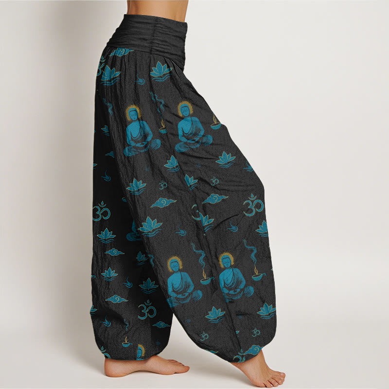 Nimara Ritual Cotton Om Symbol Lotus Cloud Buddha Pattern Women's Elastic Waist Harem Pants