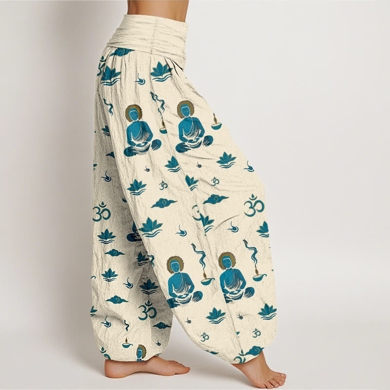 Nimara Ritual Cotton Om Symbol Lotus Cloud Buddha Pattern Women's Elastic Waist Harem Pants