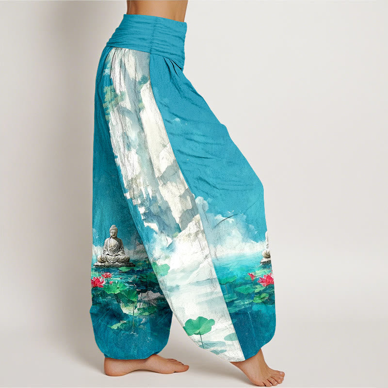 Nimara Ritual Cotton Lotus Flower Leaf Rocks Water Surface Cloud Buddha Pattern Women's Elastic Waist Harem Pants