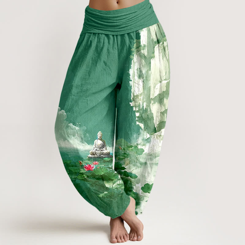 Nimara Ritual Cotton Lotus Flower Leaf Rocks Water Surface Cloud Buddha Pattern Women's Elastic Waist Harem Pants