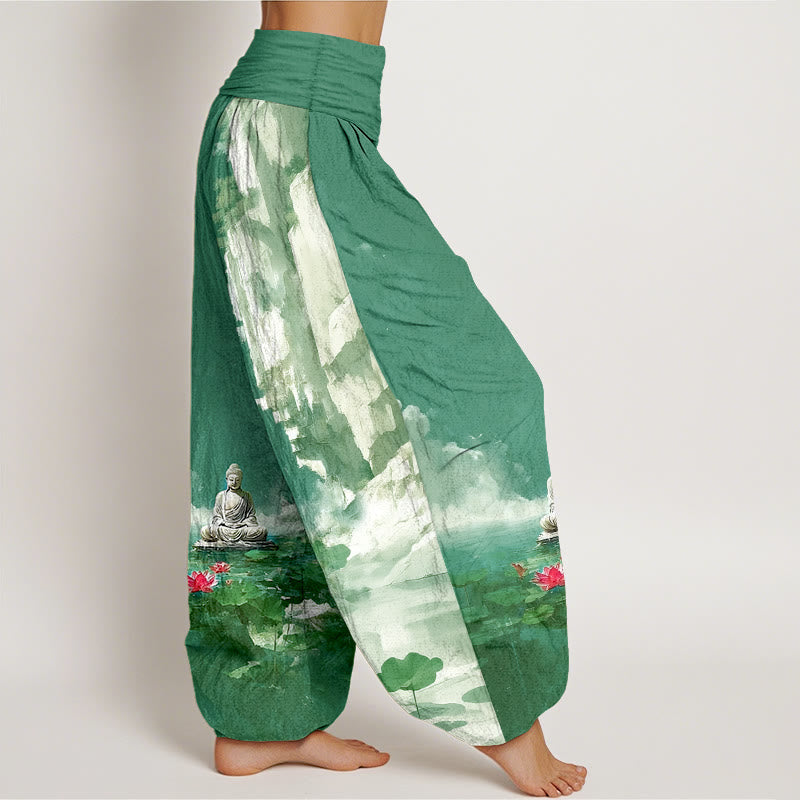 Nimara Ritual Cotton Lotus Flower Leaf Rocks Water Surface Cloud Buddha Pattern Women's Elastic Waist Harem Pants