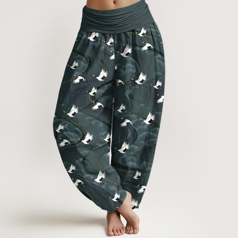 Nimara Ritual Cotton Elegant Cranes Winding Lines Pattern Women's Elastic Waist Harem Pants