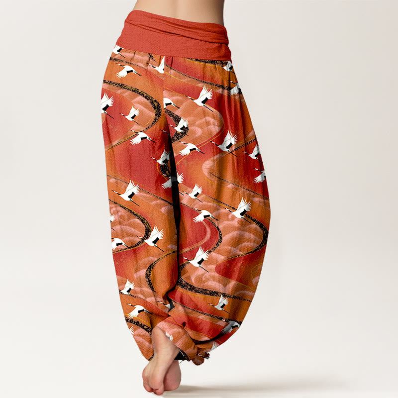 Nimara Ritual Cotton Elegant Cranes Winding Lines Pattern Women's Elastic Waist Harem Pants
