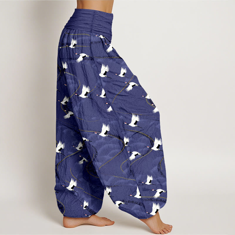 Nimara Ritual Cotton Elegant Cranes Winding Lines Pattern Women's Elastic Waist Harem Pants