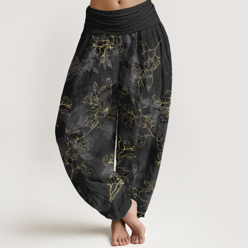 Nimara Ritual Cotton Fresh Flower Bud Pattern Women's Elastic Waist Harem Pants