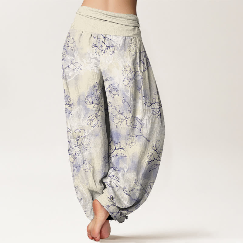 Nimara Ritual Cotton Fresh Flower Bud Pattern Women's Elastic Waist Harem Pants