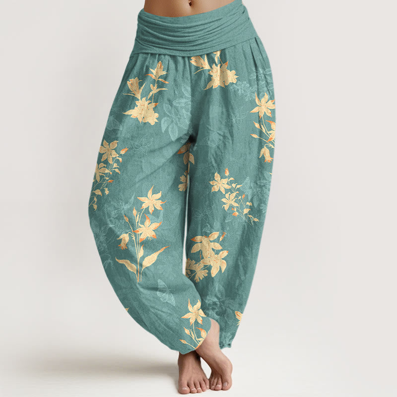 Nimara Ritual Cotton Fresh Refined Flower Leaf Pattern Women's Elastic Waist Harem Pants