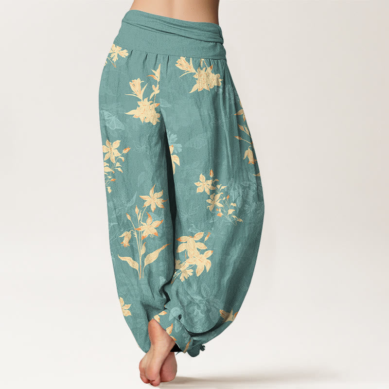Nimara Ritual Cotton Fresh Refined Flower Leaf Pattern Women's Elastic Waist Harem Pants