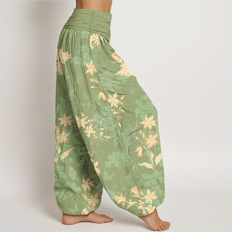 Nimara Ritual Cotton Fresh Refined Flower Leaf Pattern Women's Elastic Waist Harem Pants
