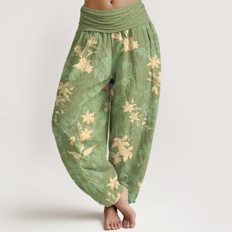 Nimara Ritual Cotton Fresh Refined Flower Leaf Pattern Women's Elastic Waist Harem Pants