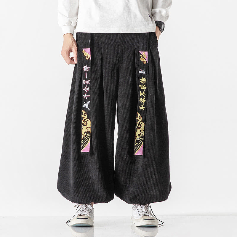 Nimara Ritual Fall Winter Lace-up Chinese Character Embroidery Men's Corduroy Pants With Pockets