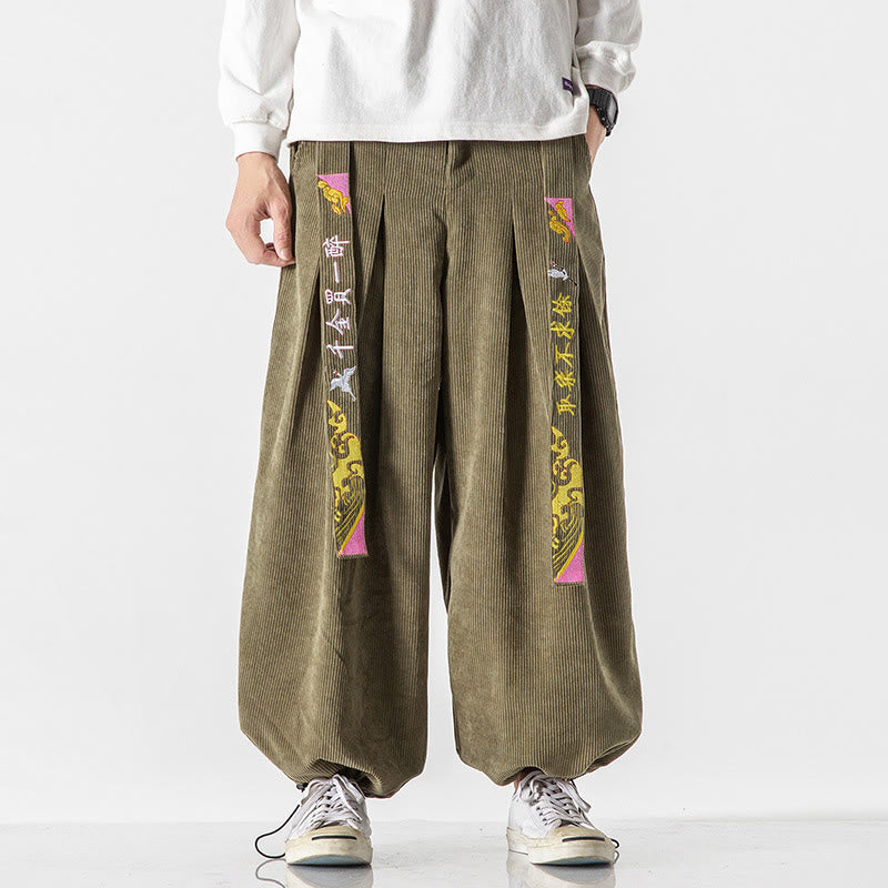 Nimara Ritual Fall Winter Lace-up Chinese Character Embroidery Men's Corduroy Pants With Pockets